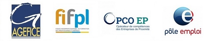 Logos des organismes financeurs de la formation professionnelle : AGEFICE, FIF-PL, OPCO EP et France Travail