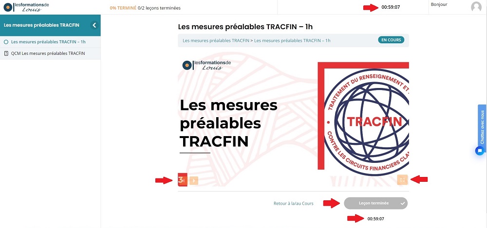 Lecture du cours avec les flèches, le mode plein écran et le bouton Leçon terminée