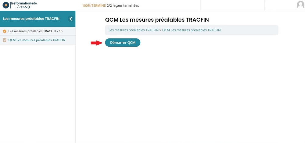 Accès au QCM avec le bouton Démarrer QCM