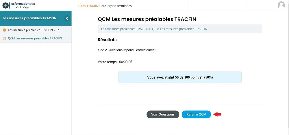 Bouton Refaire QCM permettant de recommencer le questionnaire