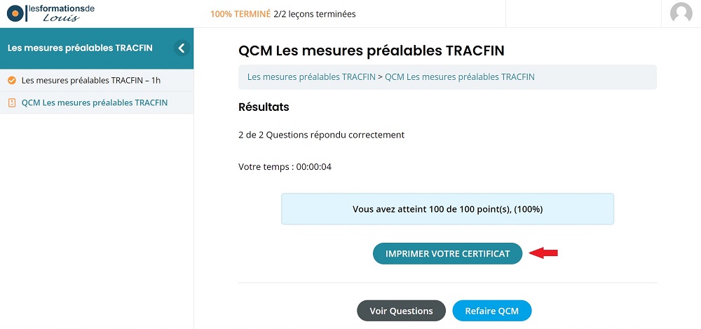QCM réussi avec le bouton Imprimer votre certificat
