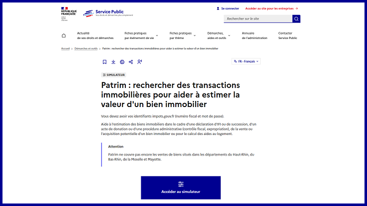 Interface du service Patrim sur impots.gouv pour consulter les prix de vente réels des biens immobiliers
