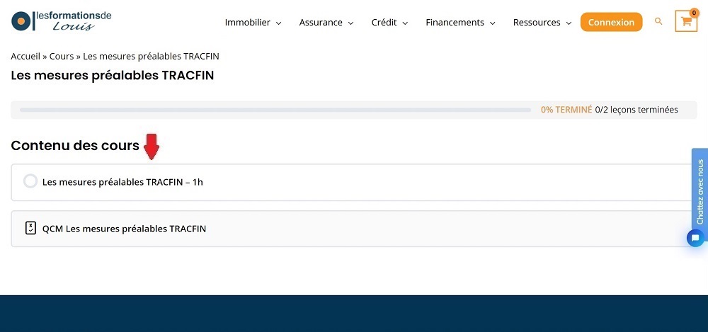 Contenu du module en ligne avec accès aux leçons et au QCM