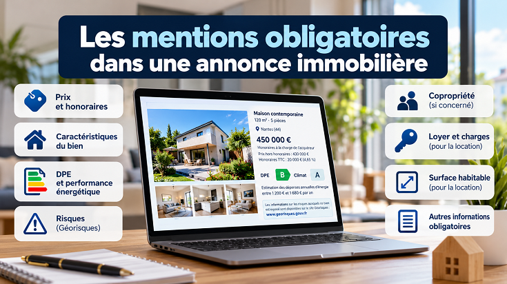 Mentions obligatoires d’une annonce immobilière en 2026 : prix, honoraires, DPE, Géorisques, copropriété, loyer et surface habitable