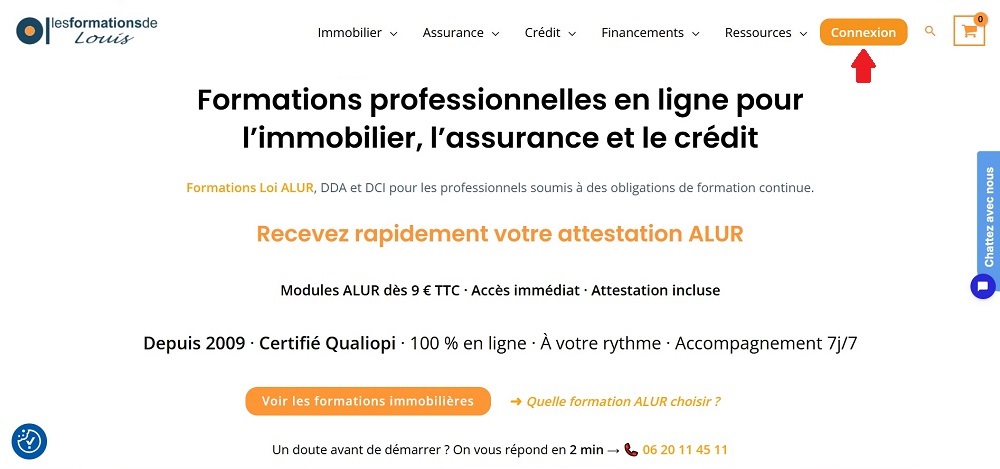 Page d’accueil du site Les Formations de Louis avec le bouton Connexion en haut à droite