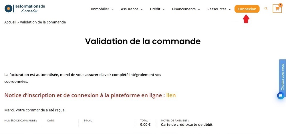 Confirmation de commande avec le bouton Connexion